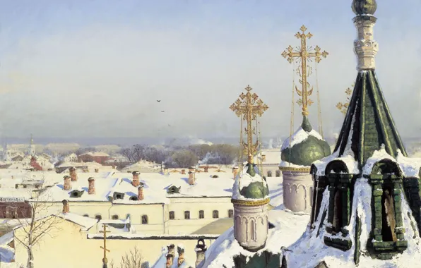 Picture winter, crosses, oil, temple, Canvas, 1878, sculpture and architecture, From the window of the Moscow …