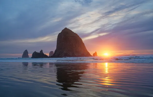 Sea, the sky, the sun, sunset, reflection, rocks, dawn, shore