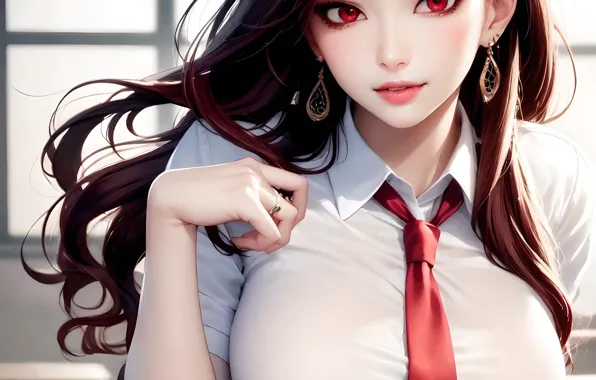 School uniform, red eyes, women, brunette, shirt, bent over, schoolgirl, vertical