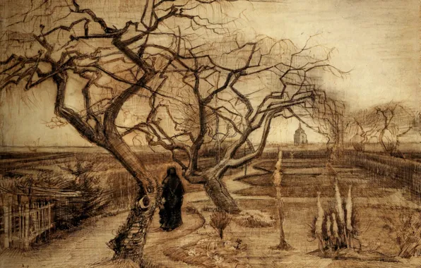 Trees, Vincent van Gogh, the woman in the black robe, Winter Garden
