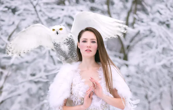 Winter, frost, forest, look, girl, snow, nature, pose