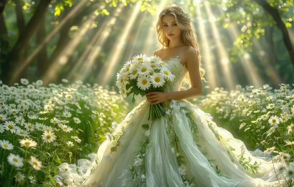 Picture forest, chamomile, blonde, the bride, a bouquet of flowers, rays of light, beautiful girl, digital …