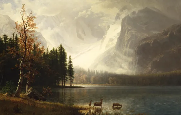Animals, landscape, mountains, picture, Albert Bierstadt, Estes Park. Colorado. Lake White