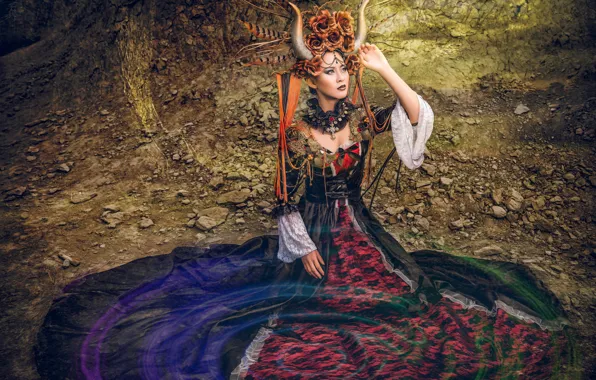 Pose, style, model, dress, outfit, horns, Asian, headdress