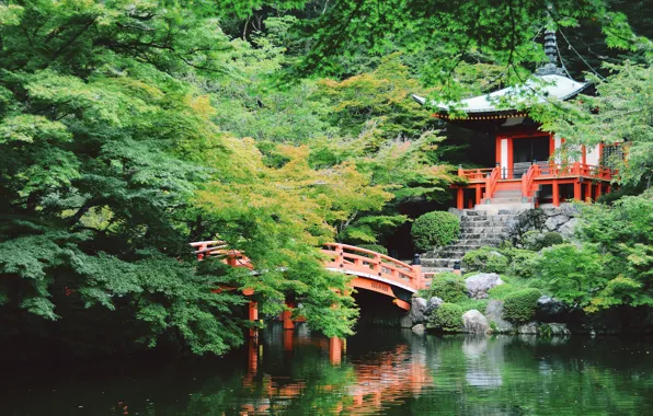 Greens, autumn, forest, water, trees, branches, red, bridge