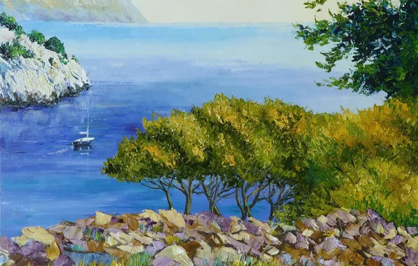 Sea, trees, landscape, stones, rocks, shore, picture, yacht
