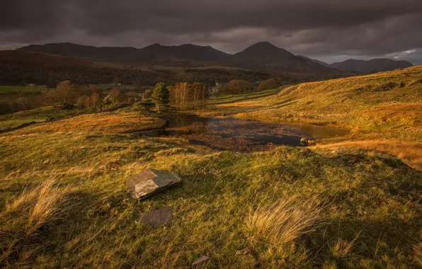 Autumn, the sky, trees, mountains, clouds, nature, lake