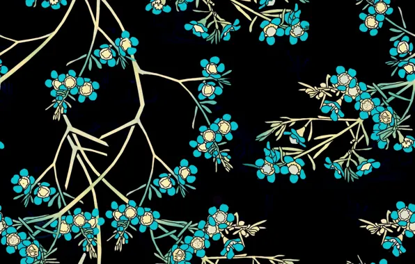 Picture flowers, branches, background, black, blue, design, pattern