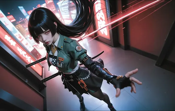 Picture city, girl, night, samurai, cyberpunk, neon