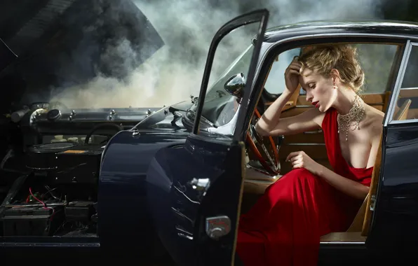 Auto, girl, pose, red, smoke, necklace, dress, hairstyle