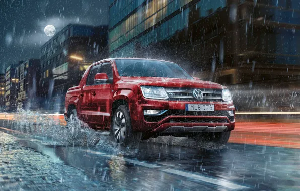 Red, Night, The moon, Volkswagen, Rain, Squirt, Pickup, Amarok