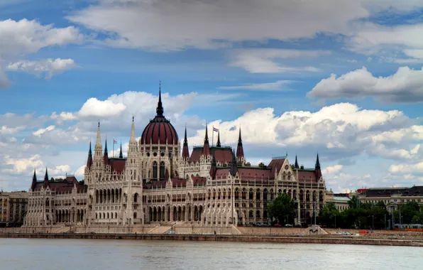 The sky, clouds, the city, river, the building, Parliament, Hungary, Hungary