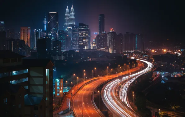 Road, night, the city, lights, Malaysia, Kuala Lumpur