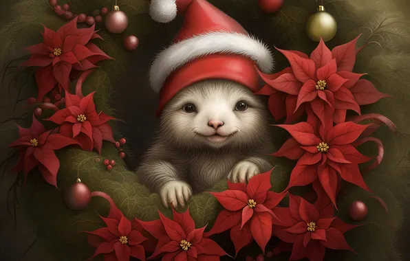 Flowers, Christmas, New year, animal, wreath, the Santa hat, AI art, neural network