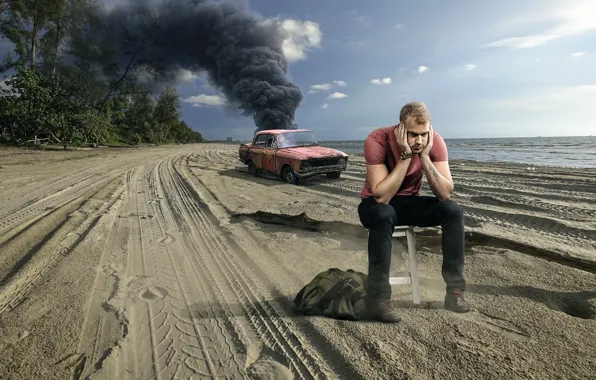Crash, beach, smoke, guy, car