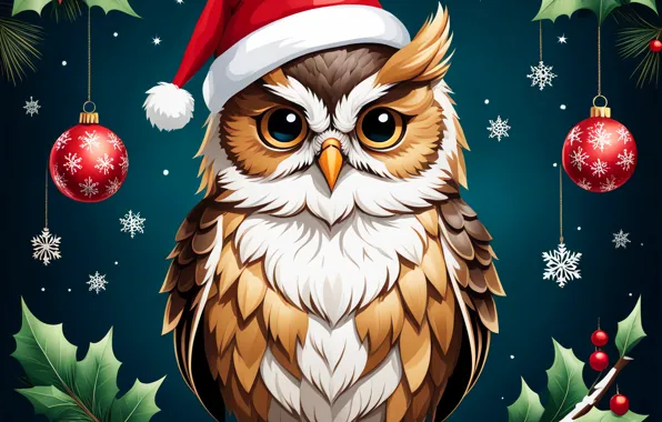 Balls, holiday, owl, bird, branch, Christmas, New year, owl