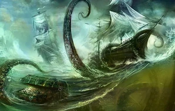 Picture figure, ships, tentacles, Chest