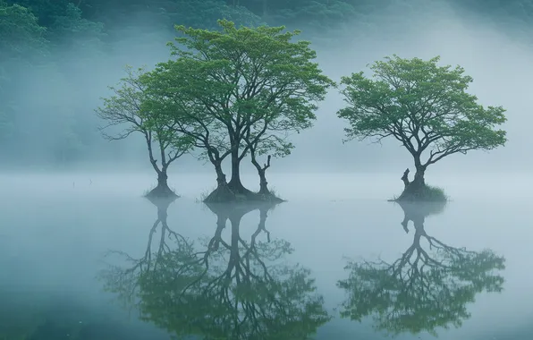 Forest, water, trees, fog, spring, morning, forest, trees