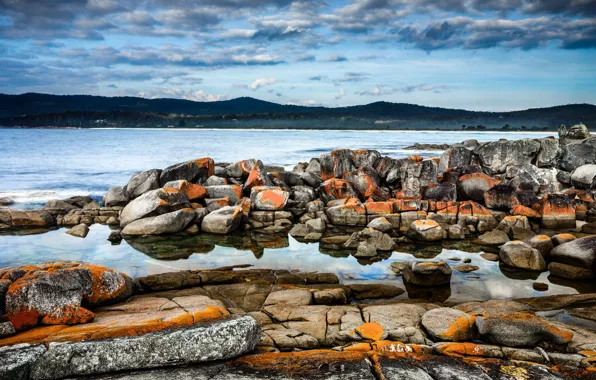 Clouds, mountains, stones, color, pond, rocky shore, stones
