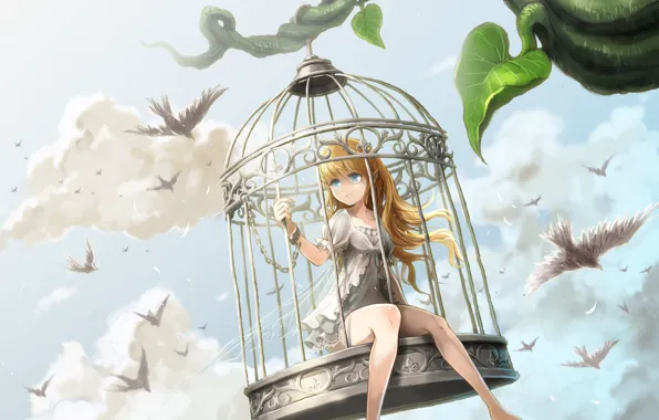 The sky, girl, clouds, birds, wings, cell, anime, art
