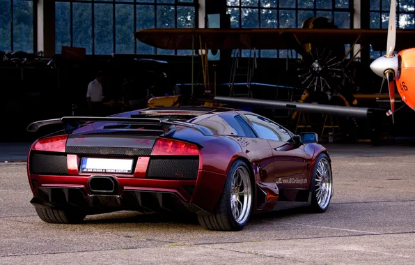 Red, hangar, red, lamborghini, murcielago, aircraft, lp640, back