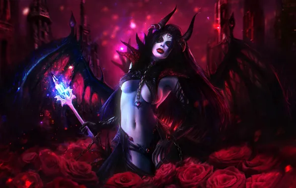 Picture look, magic, wings, art, staff, Dota 2, succubus, Queen Of Pain