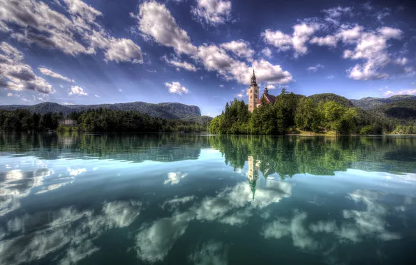 Picture clouds, lake, reflection, Slovenia, Bled Island