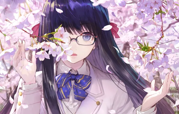 Picture branches, face, spring, hands, Sakura, glasses, girl, schoolgirl