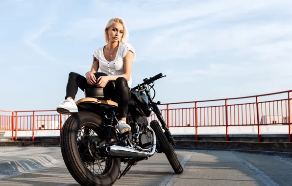 Girl, blonde, motorcycle, helmet, biker, bike, the parapet