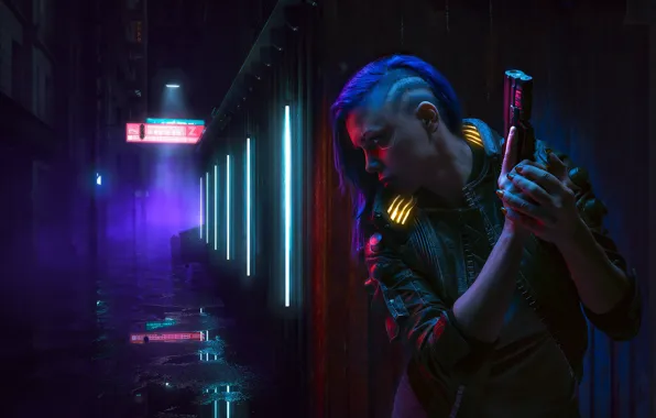 Girl, Night, The game, Gun, Weapons, Art, Cyborg, Lane
