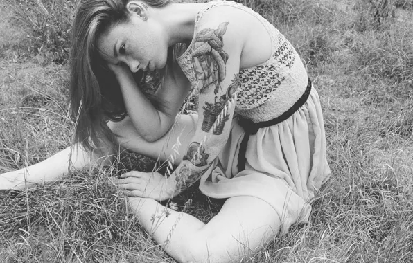 Girl, grass, dress, field, woman, model, tattoo, redhead