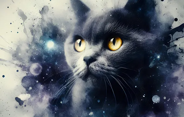Cat, cat, look, pose, grey, paint, portrait, blots