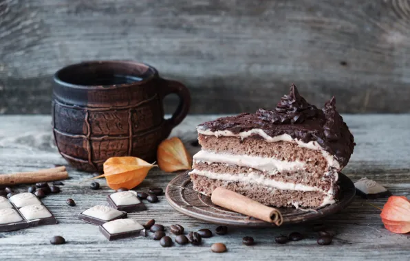 Coffee, the sweetness, cake, cinnamon, coffee beans