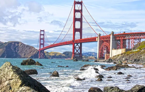 Wave, the sky, water, clouds, bridge, Strait, stones, shore