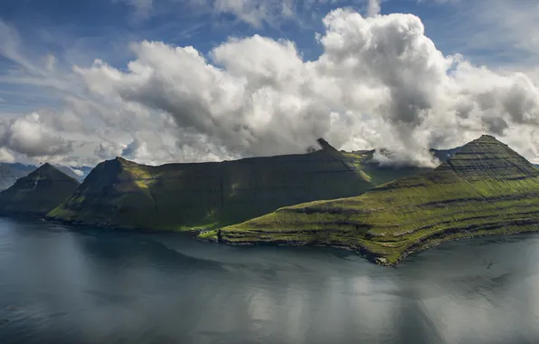 Sea, the sky, clouds, mountains, rocks, shore, the slopes, view