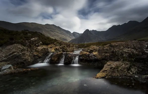 Wallpaper clouds, mountains, rocks, lake, waterfalls, mountains, clouds ...