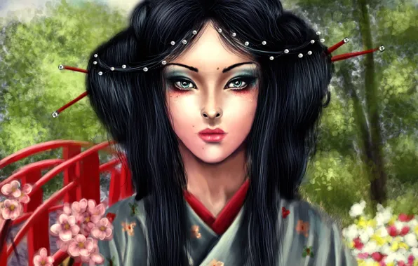 Picture look, trees, face, hair, makeup, art, geisha, kimono