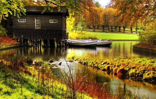 Picture Autumn, Wald, Boote, Fluss, Boat house