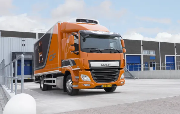 Picture orange, DAF, DAF, platform, 4x2, Euro6, body-refrigerated, departure from a warehouse