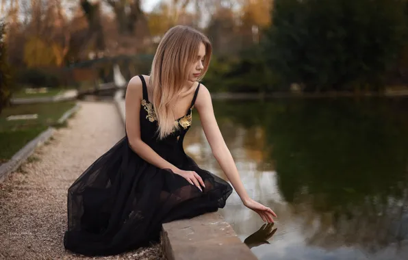 Water, girl, pose, pond, dress, Denis Lankin