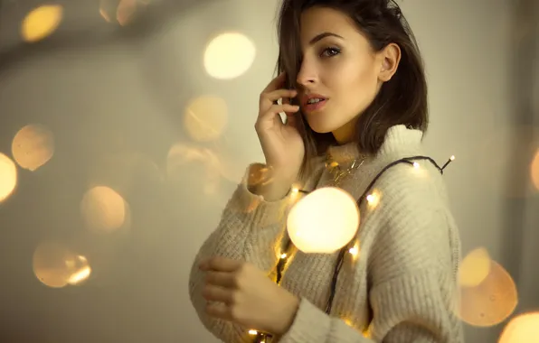 White, look, girl, glare, portrait, lights, hands, makeup