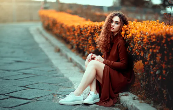 Picture look, girl, flowers, nature, pose, feet, tile, hands