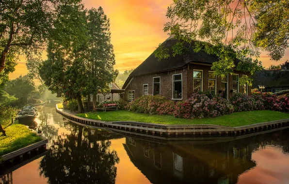 Summer, light, trees, sunset, flowers, lake, house, reflection