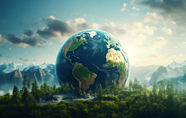 Forest, mountains, fiction, planet, ball, Earth, AI art, neural network