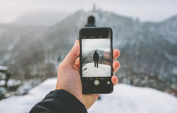 Picture winter, snow, landscape, mountains, photo, iPhone, hand, hood