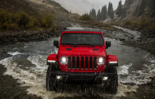 Red, stream, rain, the front, 2018, Jeep, Wrangler Rubicon