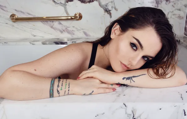 Picture look, pose, hands, makeup, brunette, tattoo, hairstyle, singer