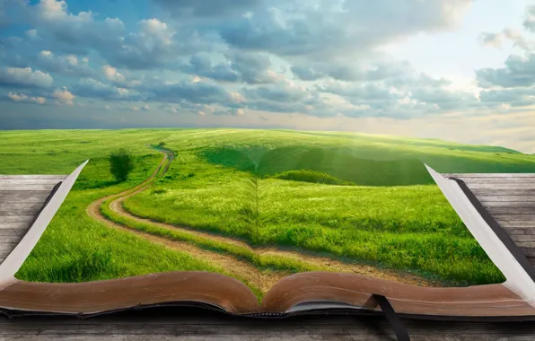 Road, grass, clouds, landscape, tree, the world, book, bookmark