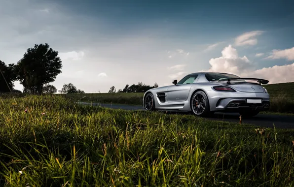 Mercedes-Benz, Sky, Grass, AMG, Black, SLS, Series, Road