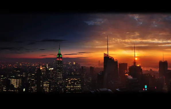 Picture the sky, light, sunset, night, lights, skyscrapers